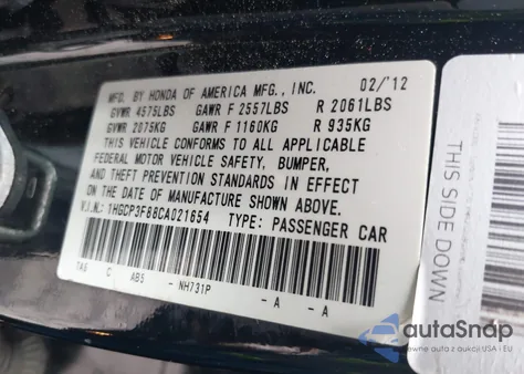 2012 Honda Accord 3.5 Ex-L z USA, uszkodzony, nr VIN 1HGCP3F88CA021654